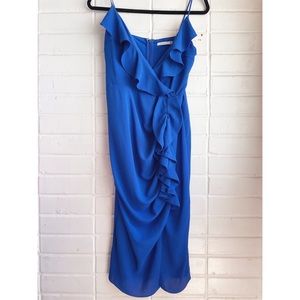 COOPER ST Cobalt Blue Draped Ruffle Midi Dress